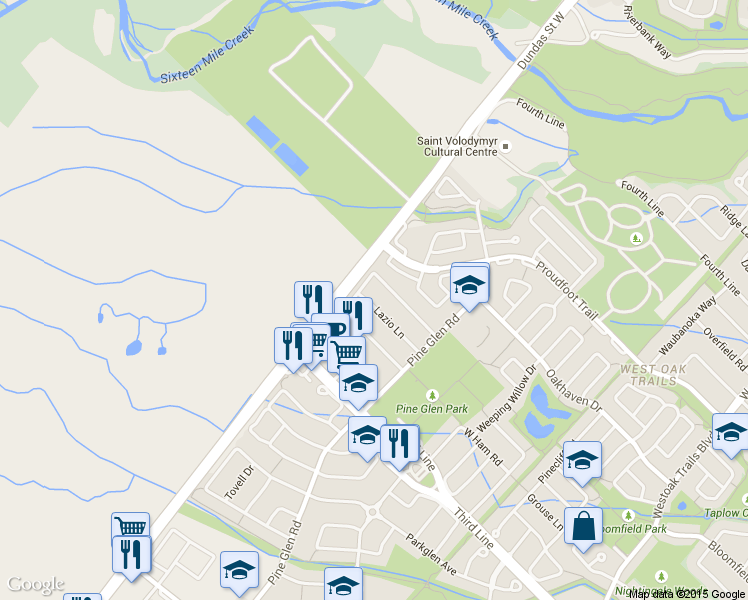 map of restaurants, bars, coffee shops, grocery stores, and more near 2473 Lazio Lane in Oakville