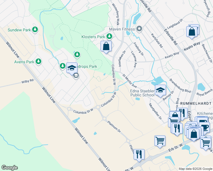 map of restaurants, bars, coffee shops, grocery stores, and more near Raspberry Place in Waterloo