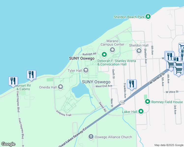 map of restaurants, bars, coffee shops, grocery stores, and more near in Oswego