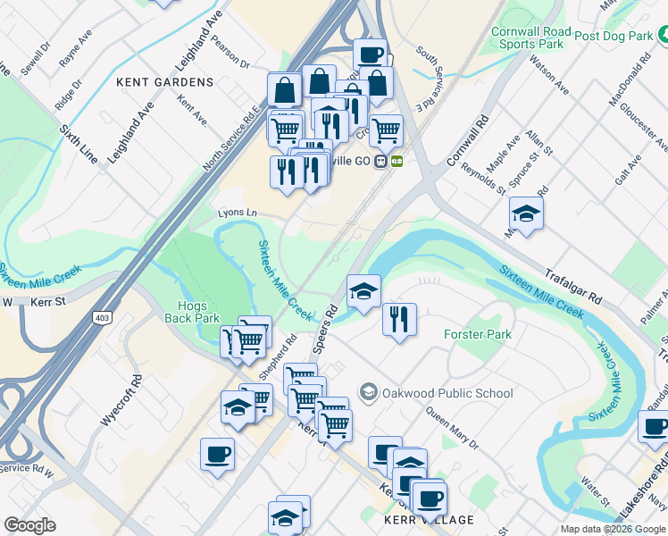 map of restaurants, bars, coffee shops, grocery stores, and more near in Oakville