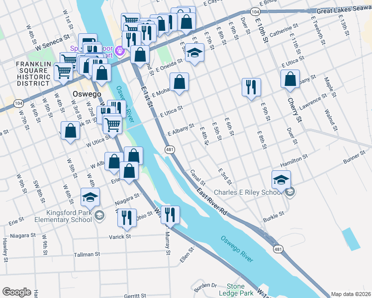 map of restaurants, bars, coffee shops, grocery stores, and more near 211 East 2nd Street in Oswego