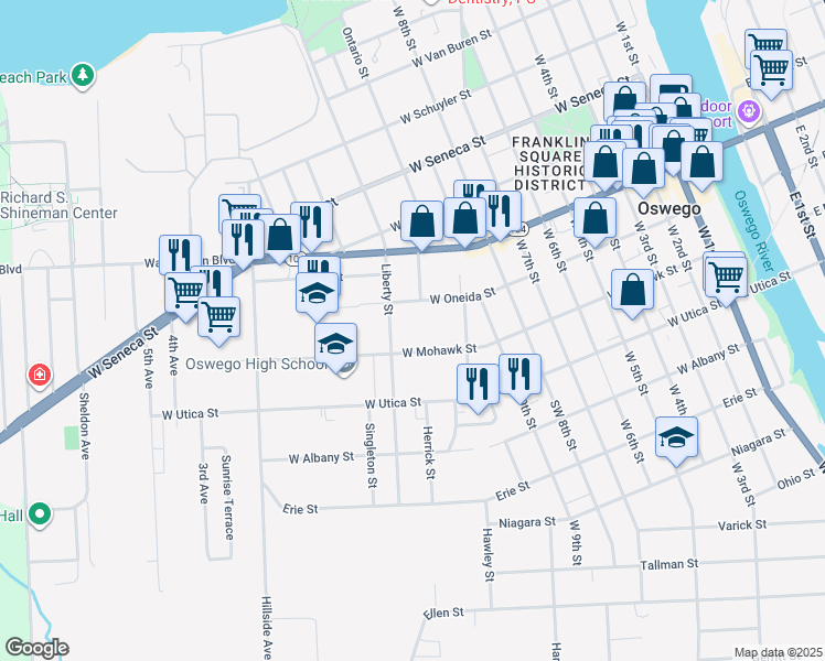 map of restaurants, bars, coffee shops, grocery stores, and more near 134 West Oneida Street in Oswego