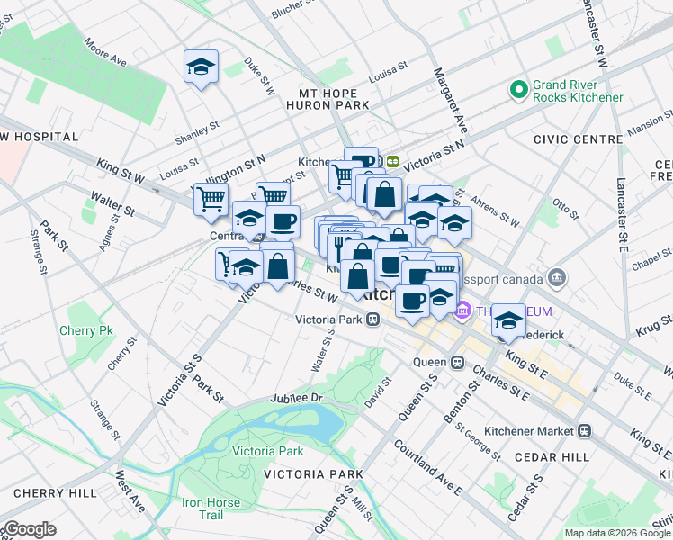 map of restaurants, bars, coffee shops, grocery stores, and more near 345 King Street West in Kitchener