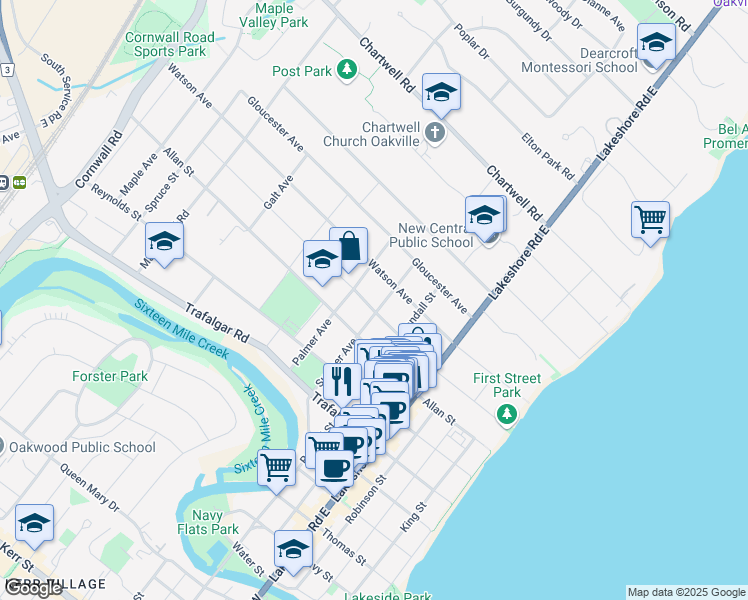map of restaurants, bars, coffee shops, grocery stores, and more near 179 Douglas Avenue in Oakville