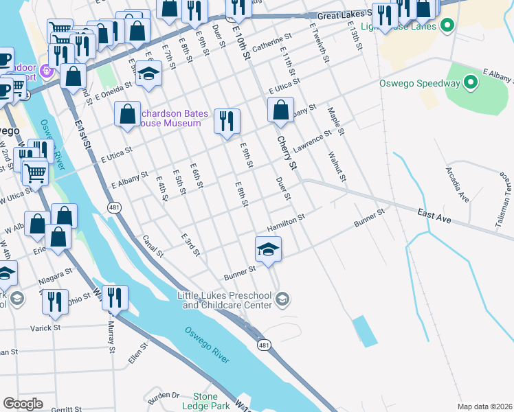 map of restaurants, bars, coffee shops, grocery stores, and more near 54 Church St in Oswego