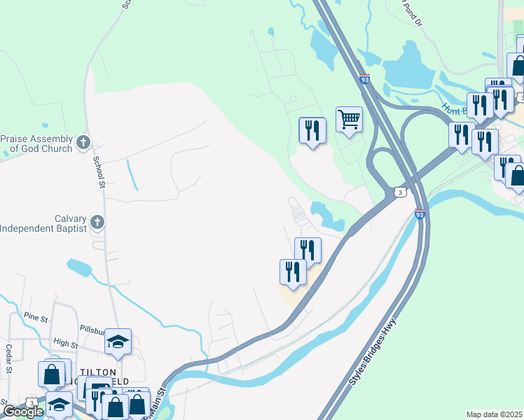 map of restaurants, bars, coffee shops, grocery stores, and more near 49 Lowes Drive in Tilton