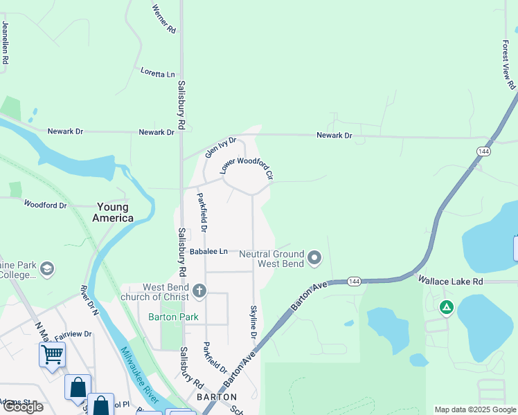 map of restaurants, bars, coffee shops, grocery stores, and more near 2620 Skyline Drive in West Bend