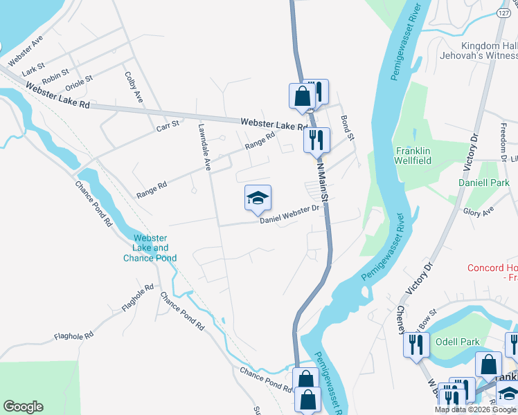 map of restaurants, bars, coffee shops, grocery stores, and more near 41 Daniel Webster Drive in Franklin