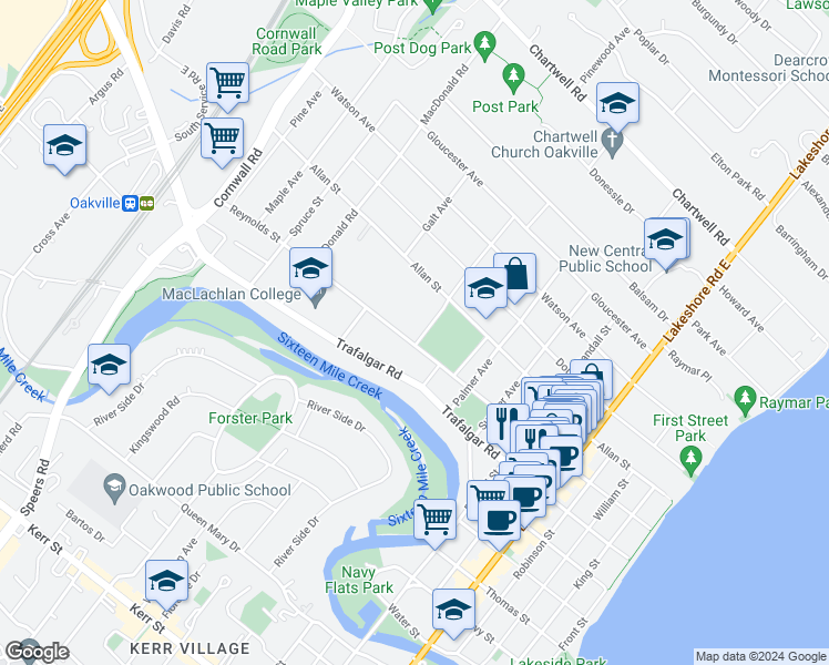 map of restaurants, bars, coffee shops, grocery stores, and more near 265 Reynolds Street in Oakville