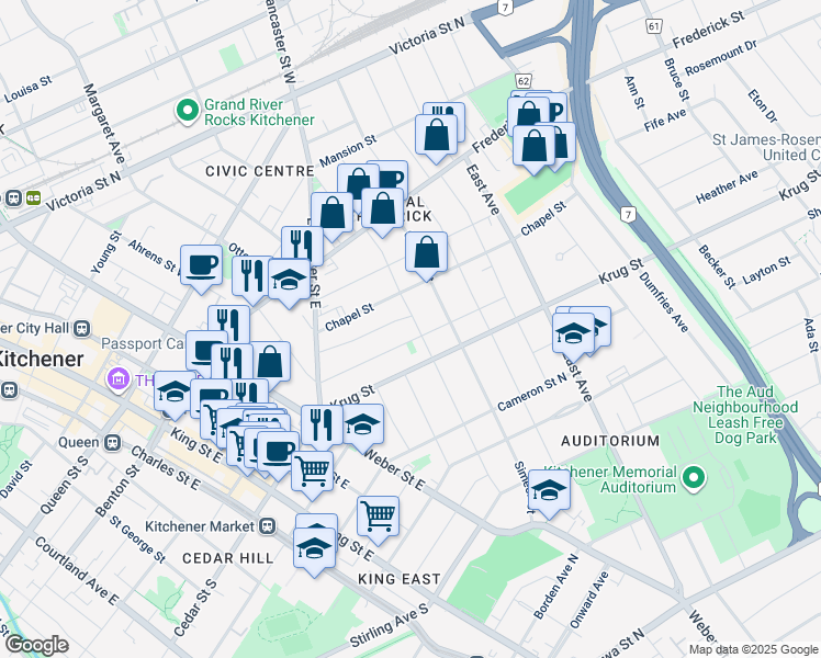 map of restaurants, bars, coffee shops, grocery stores, and more near 87 Samuel Street in Kitchener
