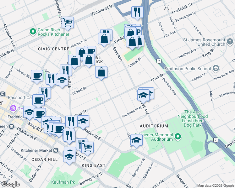 map of restaurants, bars, coffee shops, grocery stores, and more near 140 Krug Street in Kitchener