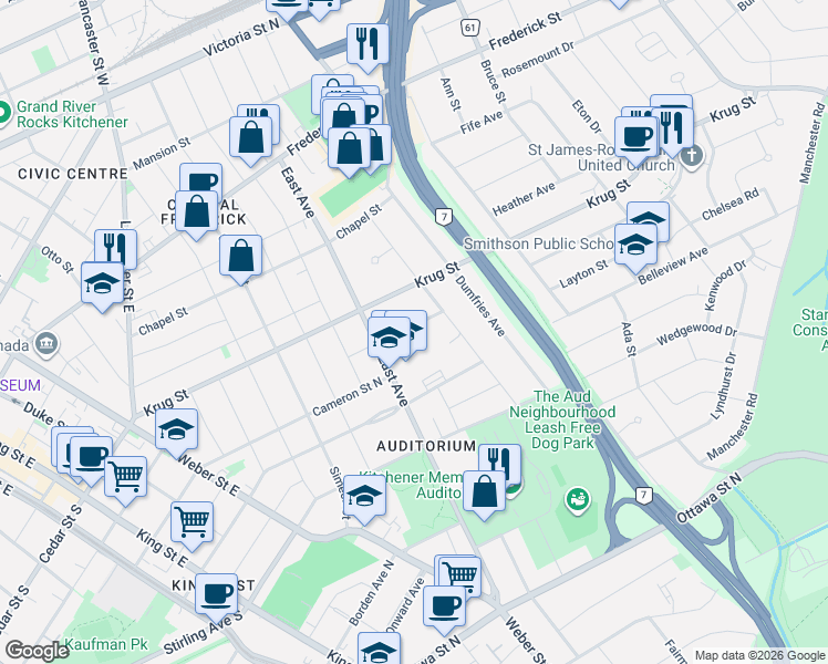 map of restaurants, bars, coffee shops, grocery stores, and more near 45 Glendale Road in Kitchener