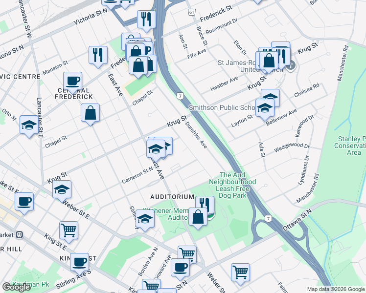 map of restaurants, bars, coffee shops, grocery stores, and more near 235 Melrose Avenue in Kitchener