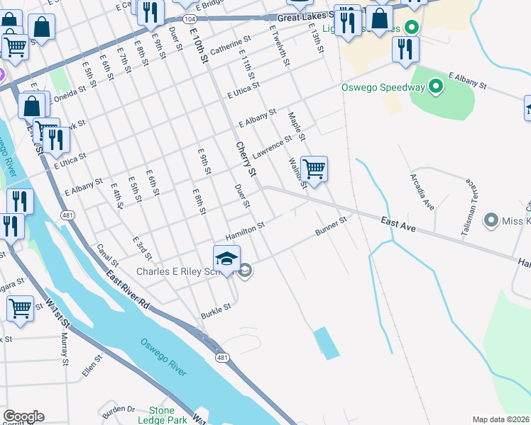 map of restaurants, bars, coffee shops, grocery stores, and more near 328 Cherry St in Oswego