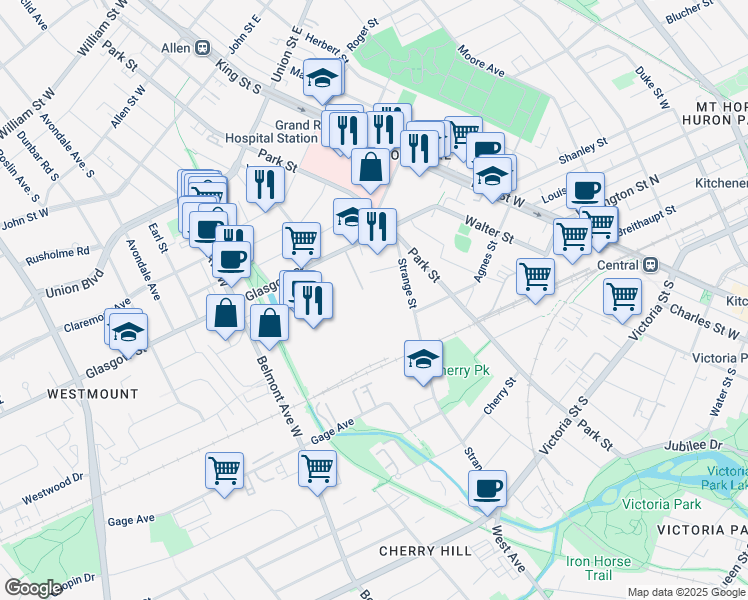 map of restaurants, bars, coffee shops, grocery stores, and more near 26 Elm St in Kitchener
