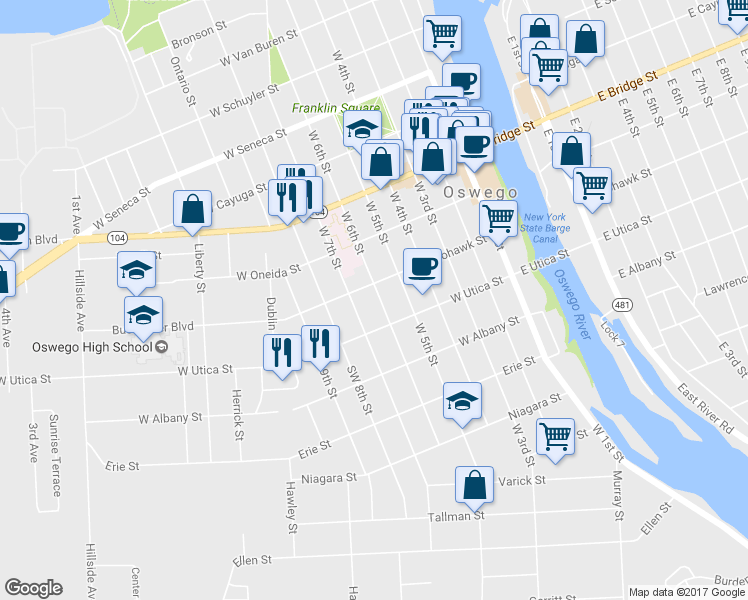 map of restaurants, bars, coffee shops, grocery stores, and more near 166 West 6th Street in Oswego