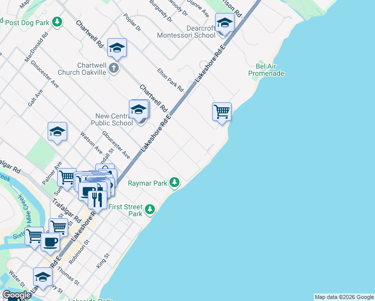 map of restaurants, bars, coffee shops, grocery stores, and more near 37 Howard Avenue in Oakville