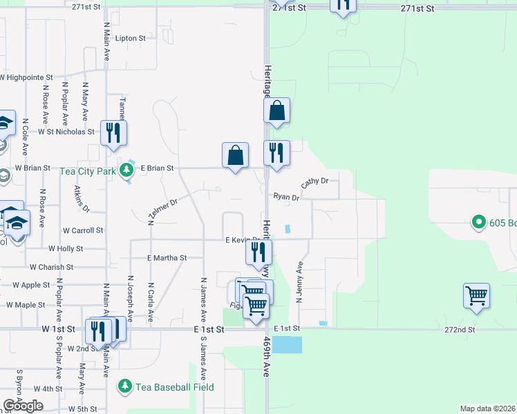 map of restaurants, bars, coffee shops, grocery stores, and more near 27165 469th Avenue in Tea