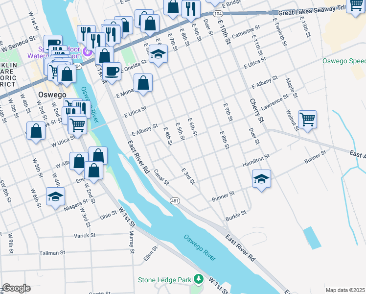 map of restaurants, bars, coffee shops, grocery stores, and more near 204 East 5th Street in Oswego