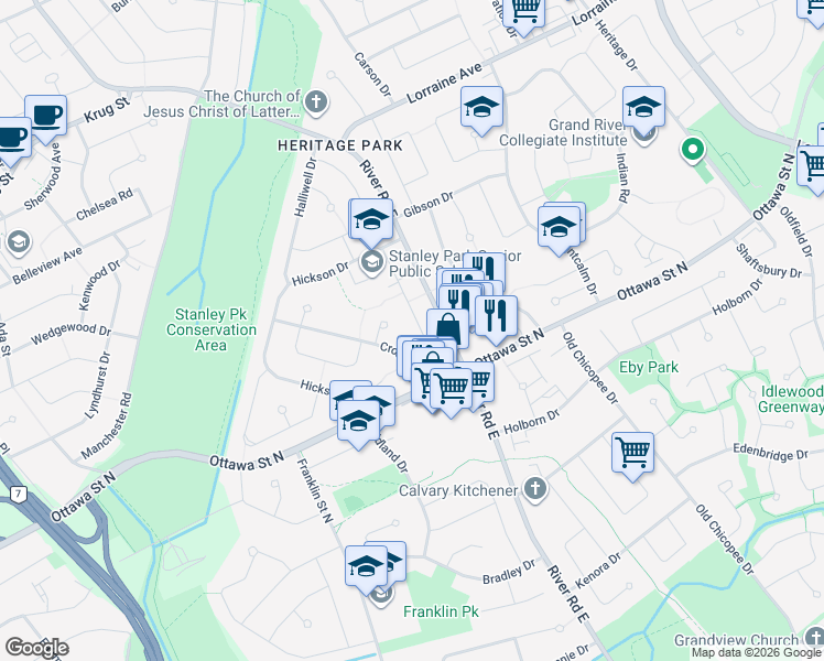map of restaurants, bars, coffee shops, grocery stores, and more near 58 Secord Avenue in Kitchener