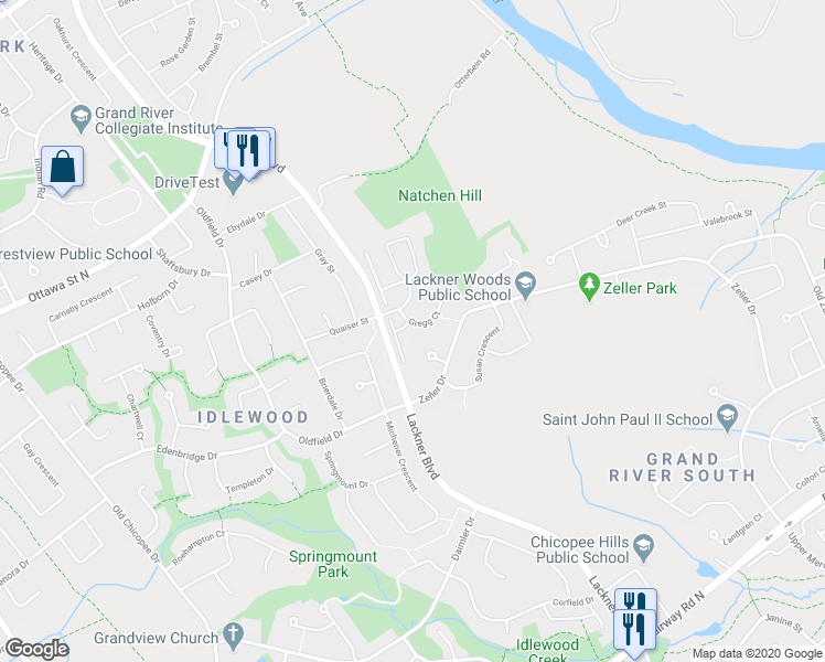 map of restaurants, bars, coffee shops, grocery stores, and more near 23 Gregg Court in Kitchener