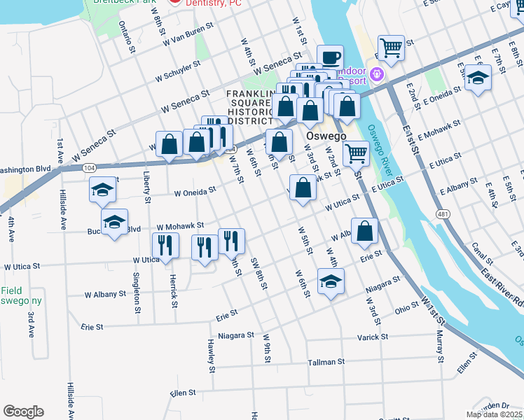 map of restaurants, bars, coffee shops, grocery stores, and more near 166 West 6th Street in Oswego