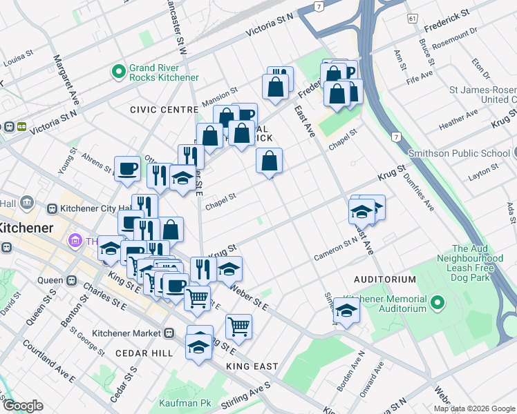 map of restaurants, bars, coffee shops, grocery stores, and more near 85 Samuel Street in Kitchener