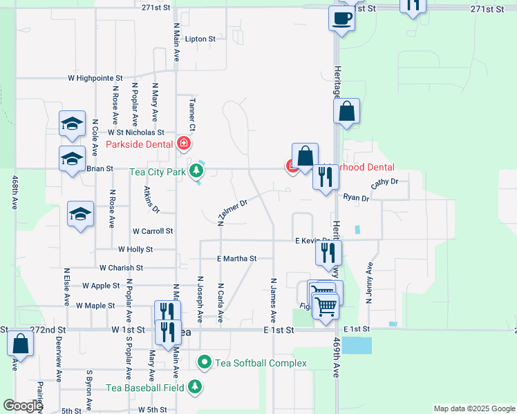 map of restaurants, bars, coffee shops, grocery stores, and more near 625 North James Avenue in Tea