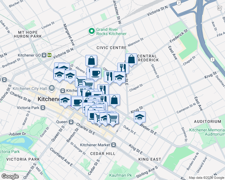 map of restaurants, bars, coffee shops, grocery stores, and more near 11 Irvin Street in Kitchener