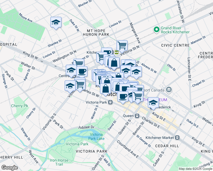 map of restaurants, bars, coffee shops, grocery stores, and more near 276 King Street West in Kitchener