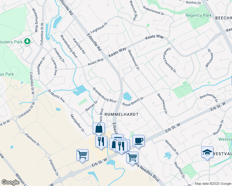 map of restaurants, bars, coffee shops, grocery stores, and more near 414 Lausanne Crescent in Waterloo