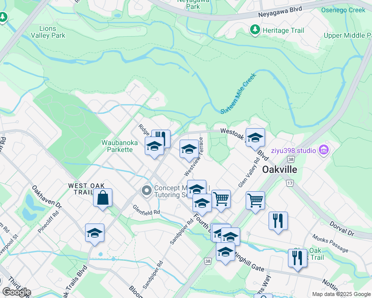 map of restaurants, bars, coffee shops, grocery stores, and more near 1161 Treetop Terrace in Oakville