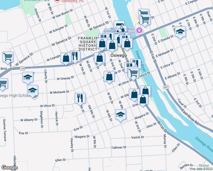 map of restaurants, bars, coffee shops, grocery stores, and more near 195 West 5th Street in Oswego