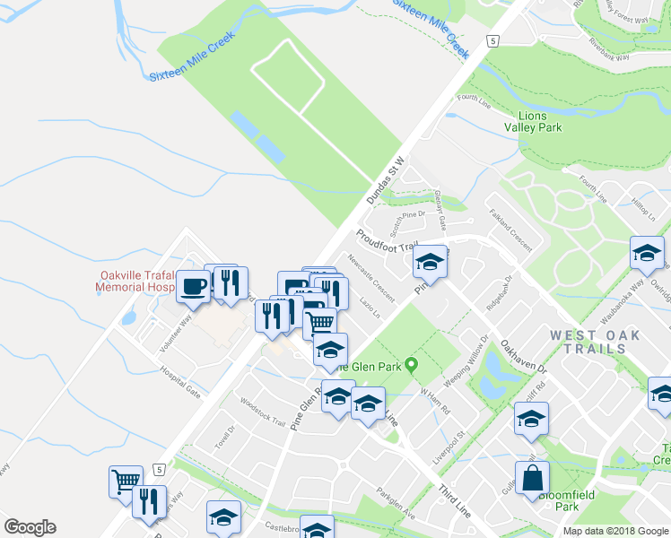 map of restaurants, bars, coffee shops, grocery stores, and more near 2485 Lazio Lane in Oakville