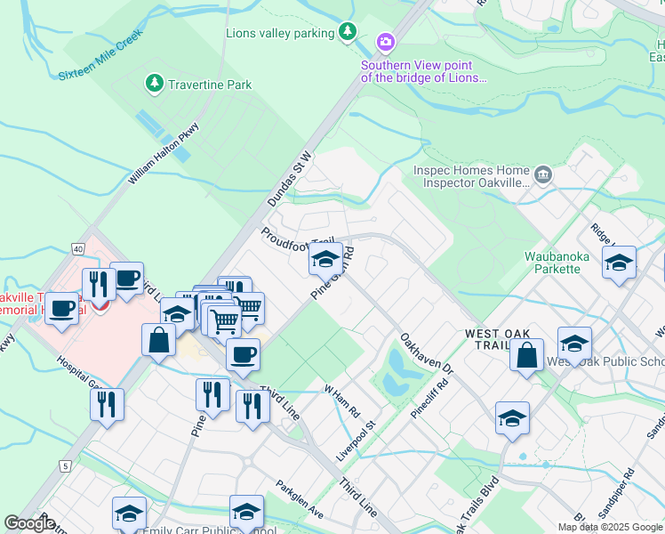 map of restaurants, bars, coffee shops, grocery stores, and more near 2512 Dashwood Drive in Oakville