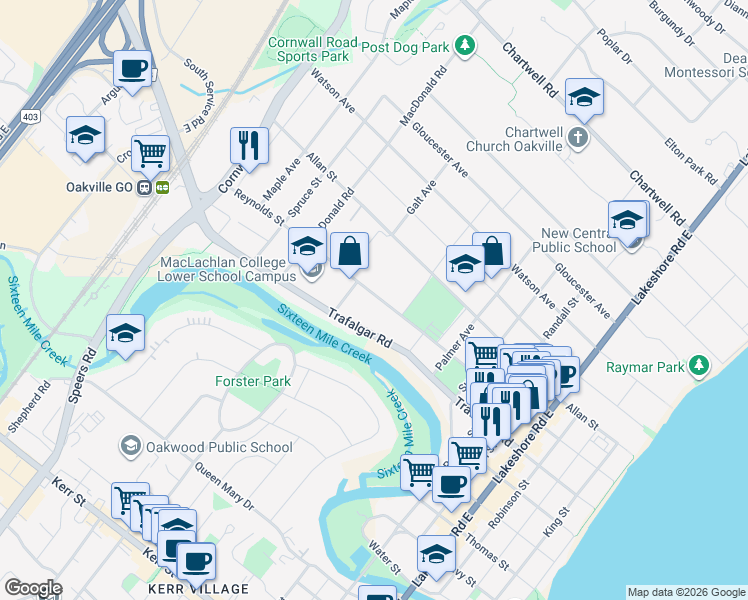 map of restaurants, bars, coffee shops, grocery stores, and more near in Oakville