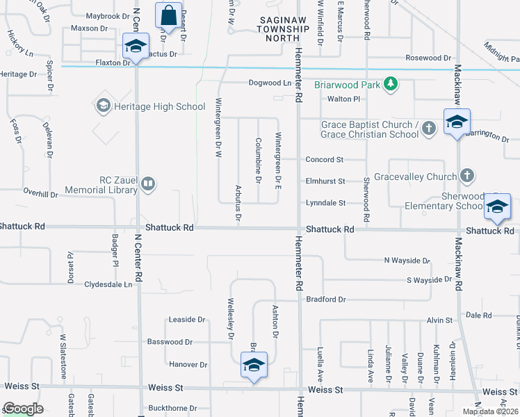 map of restaurants, bars, coffee shops, grocery stores, and more near 4621 Wintergreen Drive South in Saginaw