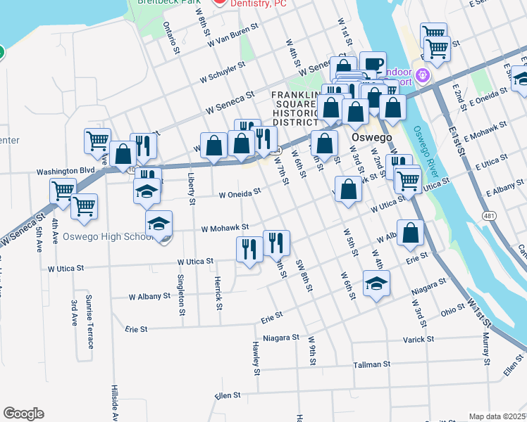 map of restaurants, bars, coffee shops, grocery stores, and more near 15 West 9th Street in Oswego