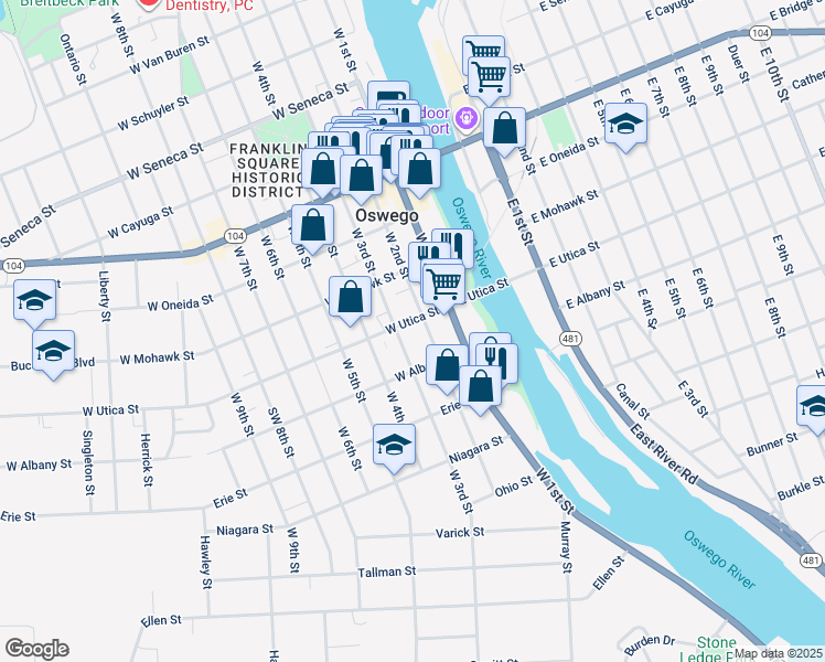 map of restaurants, bars, coffee shops, grocery stores, and more near 20-24 West Utica Street in Oswego