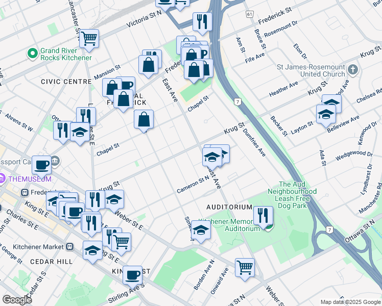 map of restaurants, bars, coffee shops, grocery stores, and more near 134 Merner Avenue in Kitchener