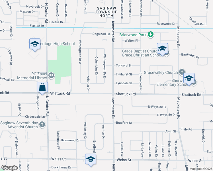 map of restaurants, bars, coffee shops, grocery stores, and more near 3060 Wintergreen Drive East in Saginaw