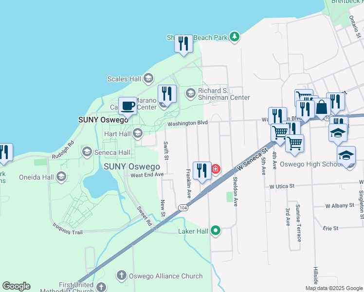 map of restaurants, bars, coffee shops, grocery stores, and more near 61 Franklin Avenue in Oswego