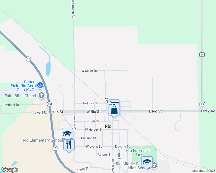 map of restaurants, bars, coffee shops, grocery stores, and more near 312 Railroad St in Rio