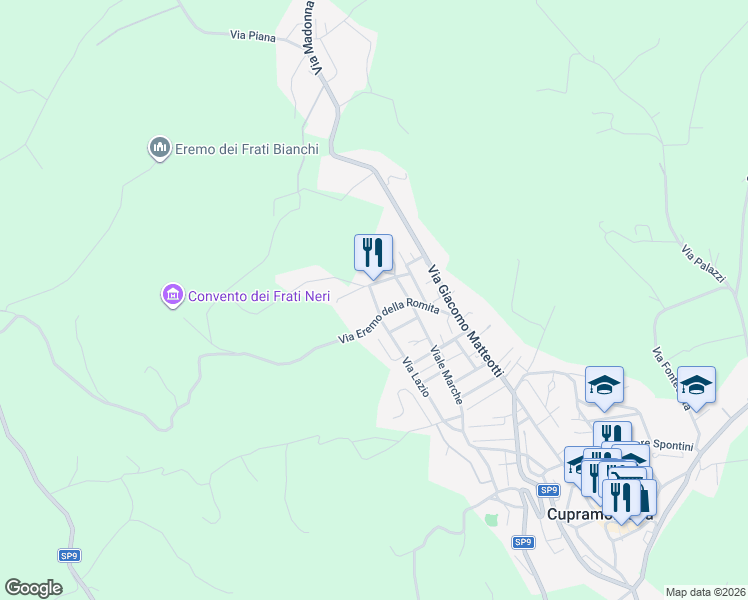 map of restaurants, bars, coffee shops, grocery stores, and more near 4A Via Giorgio Umani in Cupramontana