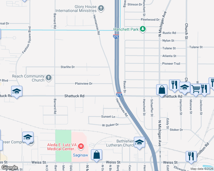 map of restaurants, bars, coffee shops, grocery stores, and more near 2109 Plainview Drive in Saginaw