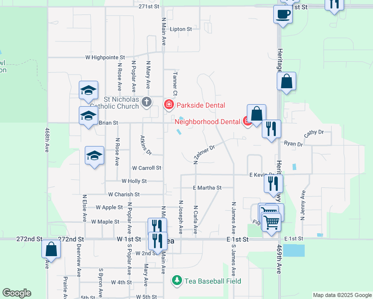 map of restaurants, bars, coffee shops, grocery stores, and more near 120 Lisa Court in Tea