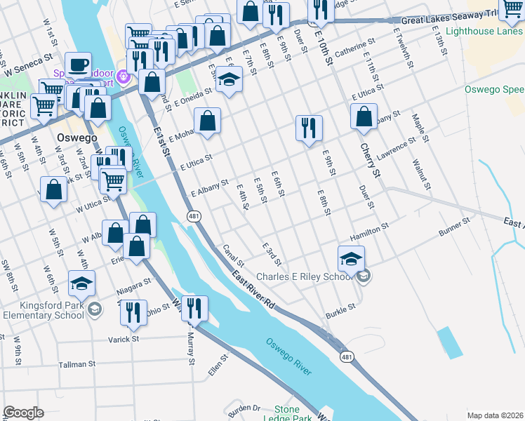 map of restaurants, bars, coffee shops, grocery stores, and more near 204 East 5th Street in Oswego