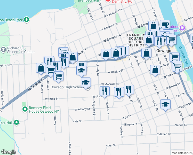 map of restaurants, bars, coffee shops, grocery stores, and more near 142 Liberty Street in Oswego