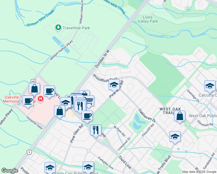 map of restaurants, bars, coffee shops, grocery stores, and more near 2543 Nettlecreek Crescent in Oakville