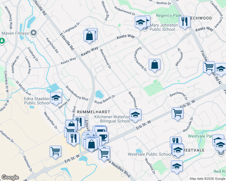 map of restaurants, bars, coffee shops, grocery stores, and more near 579 Paradise Crescent in Waterloo